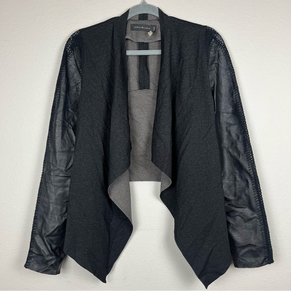 Stella & Jamie Genuine Leather Stretch Knit Shimmery Whip Stitch Open Jacket